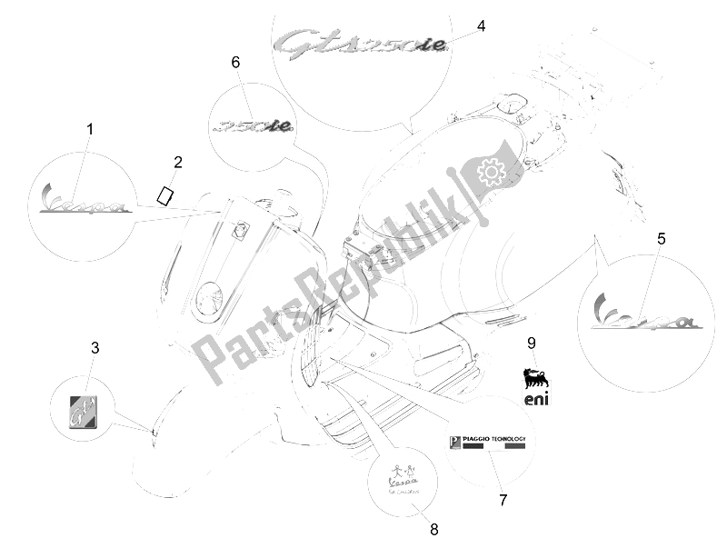 Toutes les pièces pour le Plaques - Emblèmes du Vespa GTS 250 2005