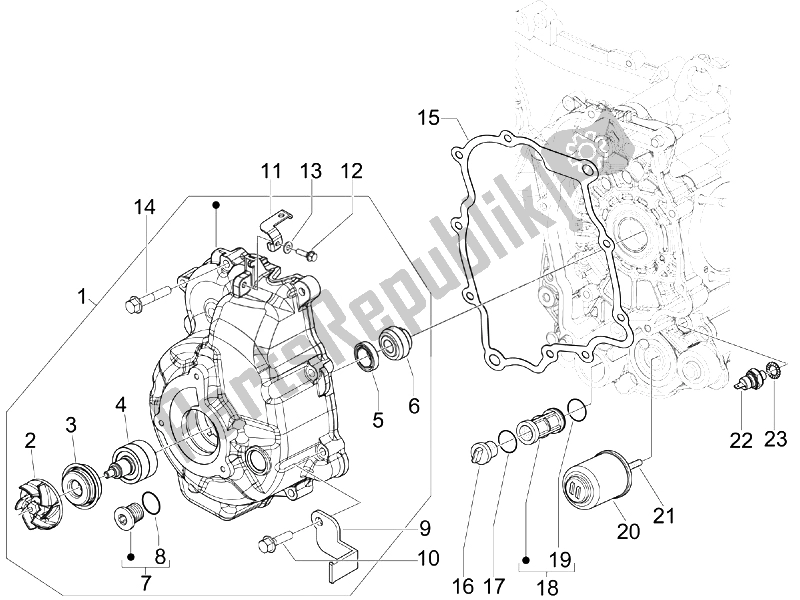 Toutes les pièces pour le Couvercle Magnéto Volant - Filtre à Huile du Vespa GTV 250 IE USA 2007