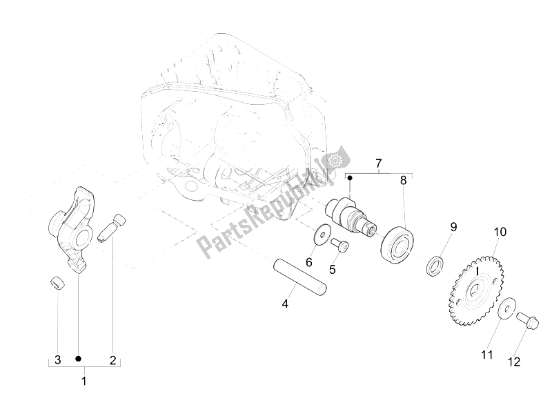 All parts for the Rocking Levers Support Unit of the Vespa Sprint 50 4T 2V 25 KMH B NL 2014