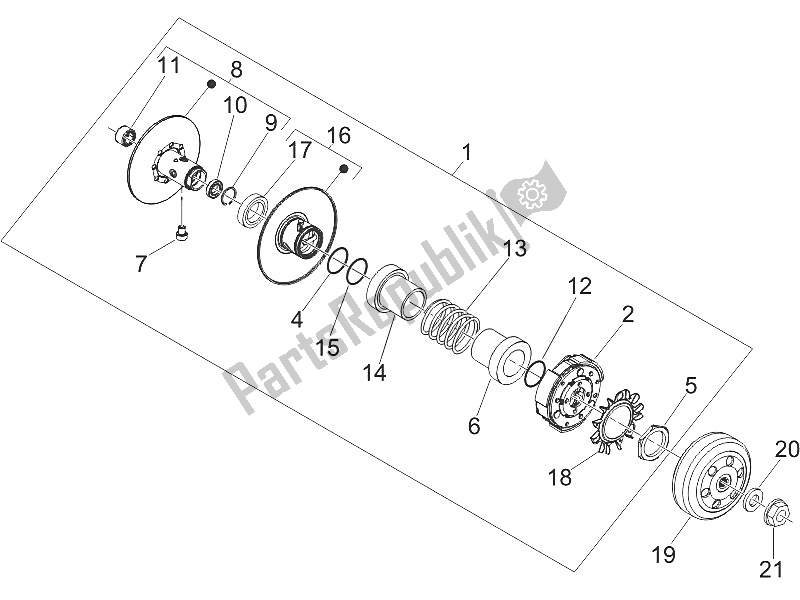 All parts for the Driven Pulley of the Vespa GTS 250 USA 2005