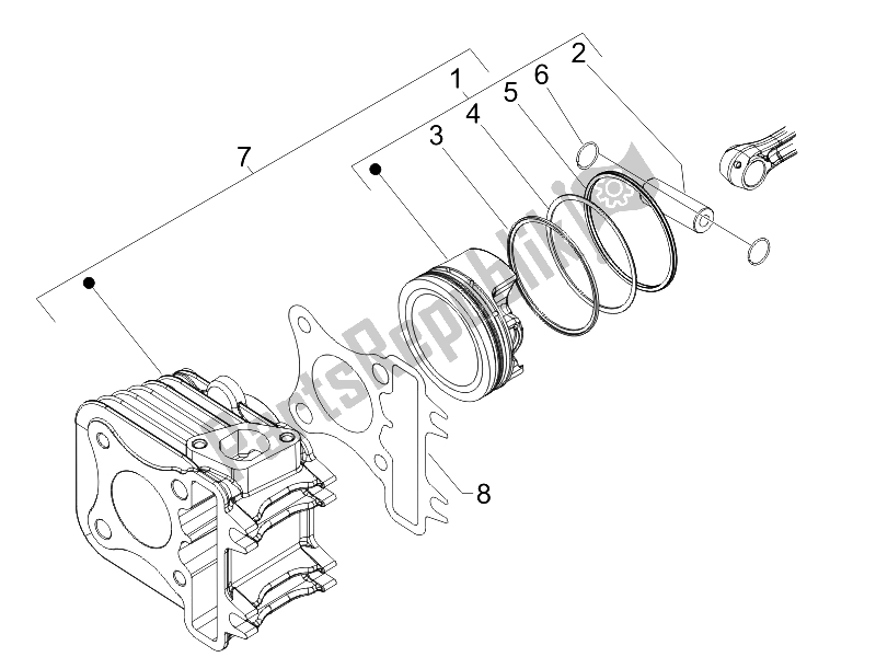 All parts for the Cylinder-piston-wrist Pin Unit of the Vespa LX 150 4T E3 2006