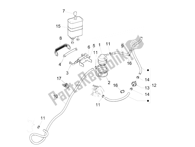 Alle onderdelen voor de Anti-percolatiesysteem van de Vespa 946 150 4T 3V ABS Armani Asia 2015