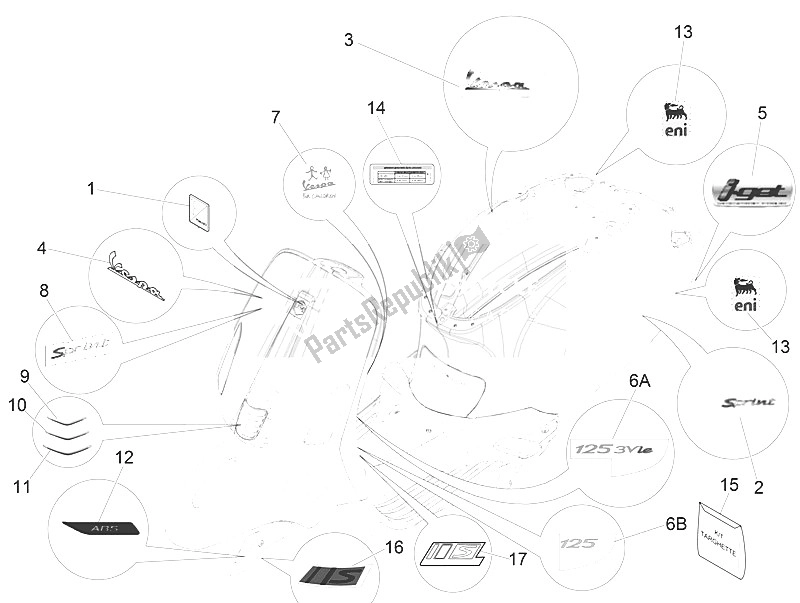 Wszystkie części do Talerze - Emblematy Vespa Vespa Sprint Iget 125 4T 3V ABS EU 2016