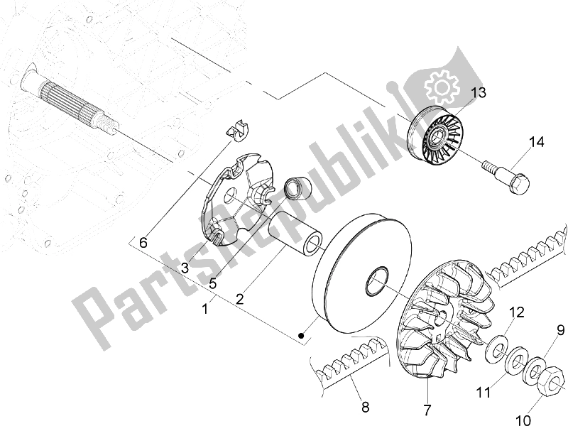 All parts for the Driving Pulley of the Vespa GTS 250 ABS UK 2005