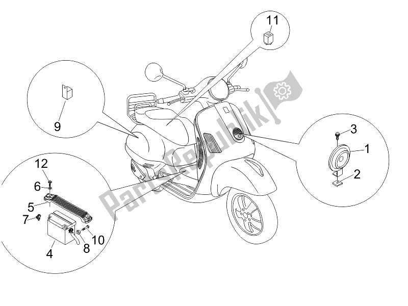 All parts for the Remote Control Switches - Battery - Horn of the Vespa GTS 125 4T E3 2007