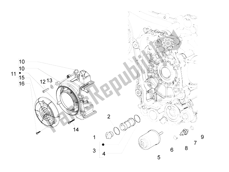 Toutes les pièces pour le Couvercle Magnéto Volant - Filtre à Huile du Vespa LXV 125 4T IE E3 2010