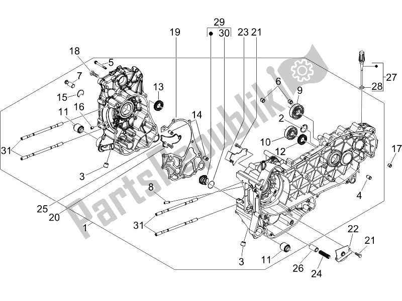 All parts for the Crankcase of the Vespa LX 150 4T IE Touring 2010