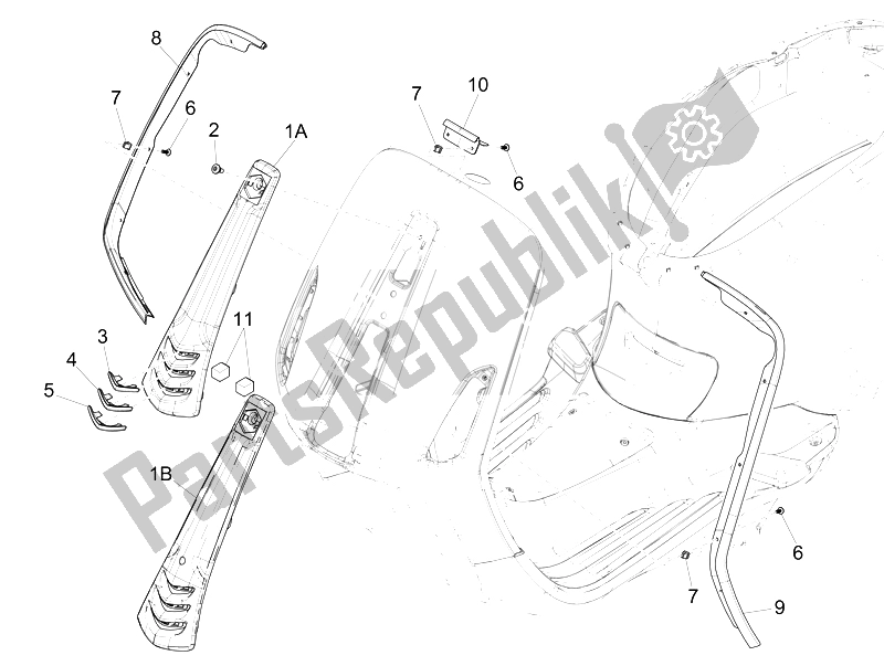 All parts for the Front Shield of the Vespa 150 4T 3V IE Primavera USA 2014