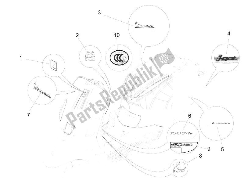 All parts for the Plates - Emblems of the Vespa Vespa Primavera 150 4T 3V Iget Asia 2016