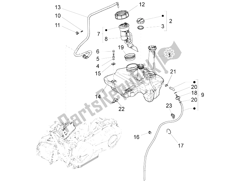 All parts for the Fuel Tank of the Vespa LX 150 4T 3V IE Vietnam E3 2012