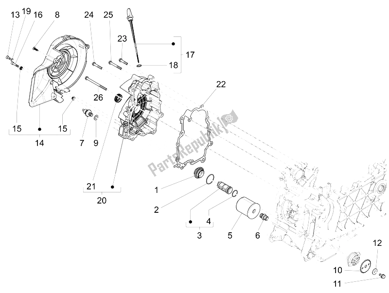 Toutes les pièces pour le Couvercle Magnéto Volant - Filtre à Huile du Vespa GTS Super 150 IE 4T 3V 2014