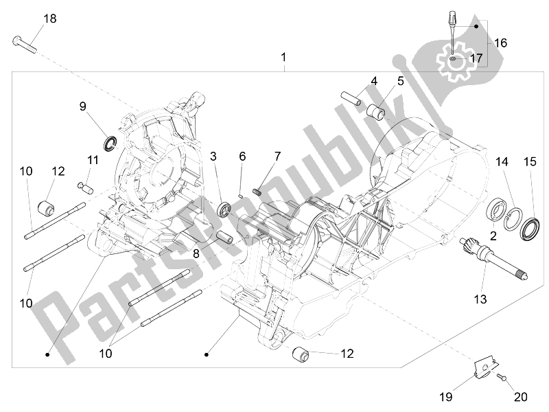 All parts for the Crankcase of the Vespa Sprint 50 4T 2V 25 KMH B NL 2014