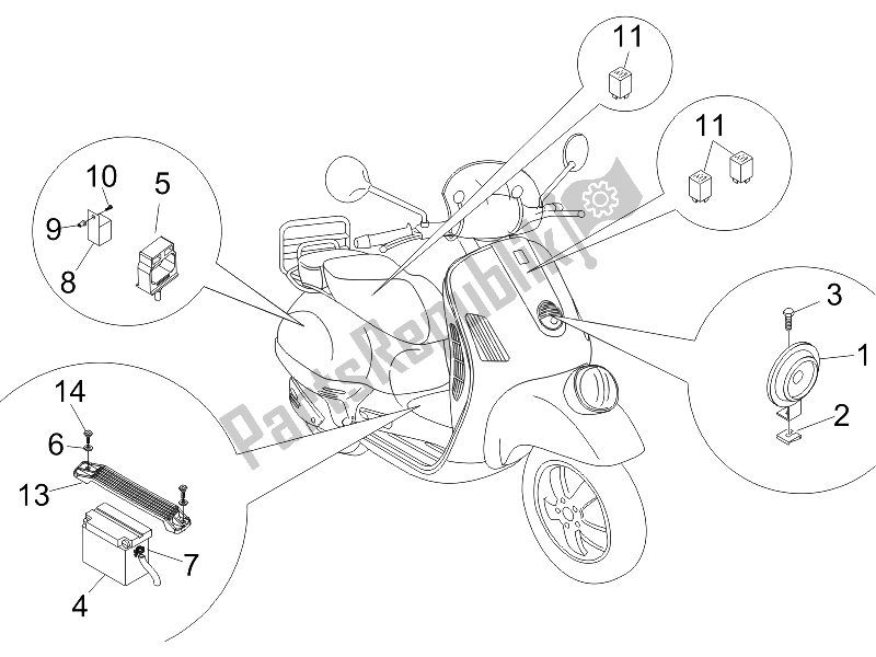 Tutte le parti per il Interruttori Del Telecomando - Batteria - Avvisatore Acustico del Vespa GTV 250 IE UK 2006