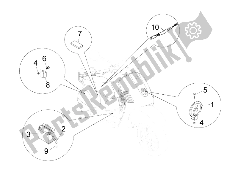 Tutte le parti per il Interruttori Del Telecomando - Batteria - Avvisatore Acustico del Vespa LX 50 4T 2V 25 KMH NL 2010