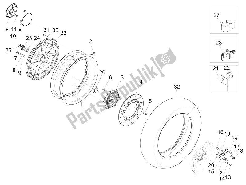 Alle onderdelen voor de Achterwiel van de Vespa 946 150 4T 3V ABS Armani Asia 2015