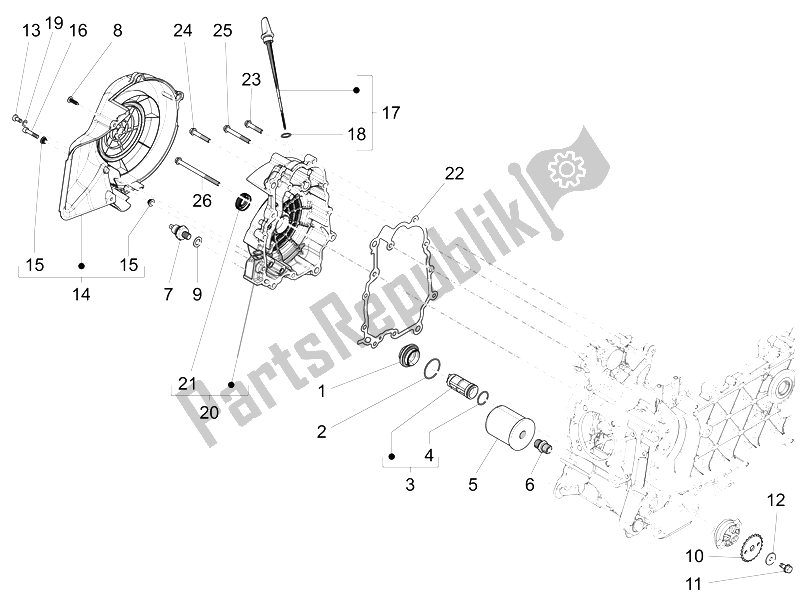 All parts for the Flywheel Magneto Cover - Oil Filter of the Vespa 125 4T 3V IE Primavera Vietnam 2014