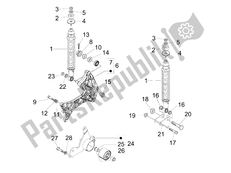 Toutes les pièces pour le Suspension Arrière - Amortisseur / S du Vespa GTV 125 4T E3 2006