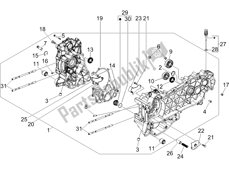 All parts for the Crankcase of the Vespa S 125 4T E3 UK 2007