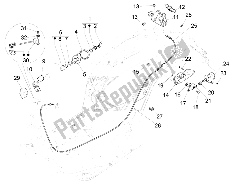 Todas as partes de Fechaduras do Vespa Vespa GTS 300 IE ABS USA Canada 2014