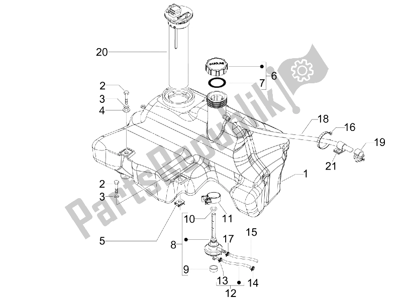 All parts for the Fuel Tank of the Vespa S 50 4T 4V College USA 2008