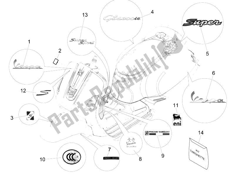 Toutes les pièces pour le Plaques - Emblèmes du Vespa GTS 300 IE ABS Super China 2014