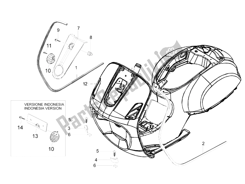 All parts for the Front Shield of the Vespa LX 150 4T IE E3 Vietnam 2011