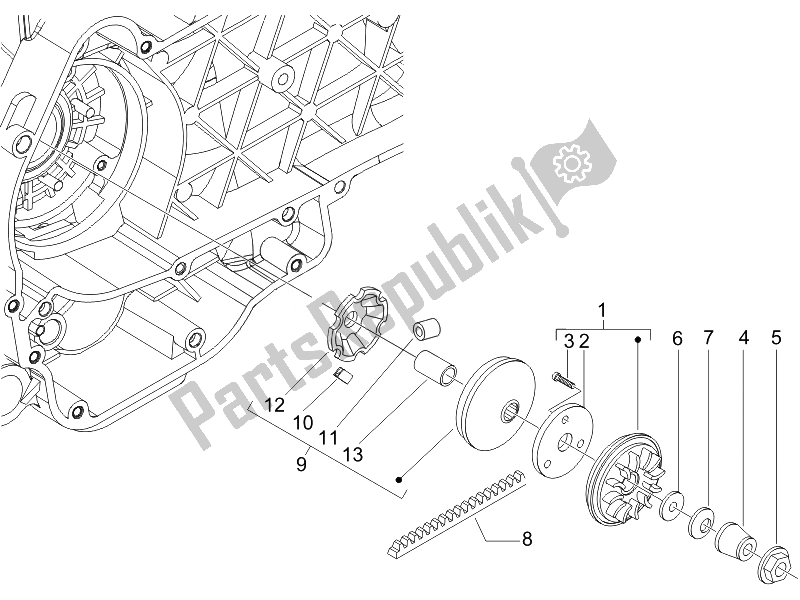 All parts for the Driving Pulley of the Vespa GTS 125 4T E3 UK 2007