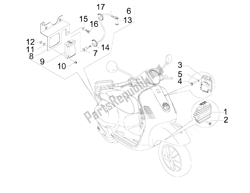 Alle onderdelen voor de Spanningsregelaars - Elektronische Regeleenheden (ecu) - H. T. Spoel van de Vespa LX 50 4T 4V 2009