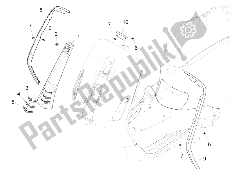 All parts for the Front Shield of the Vespa Sprint 50 4T 4V USA 2014