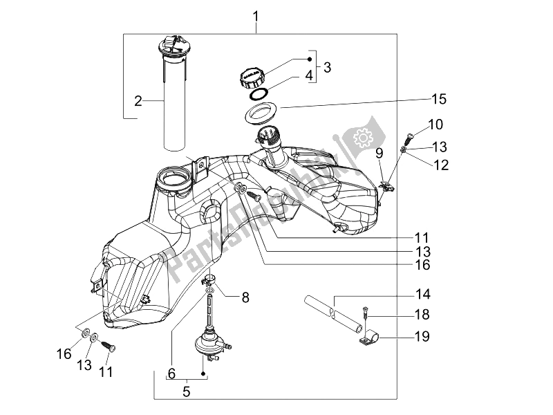 All parts for the Fuel Tank of the Vespa GTS 125 4T E3 UK 2007