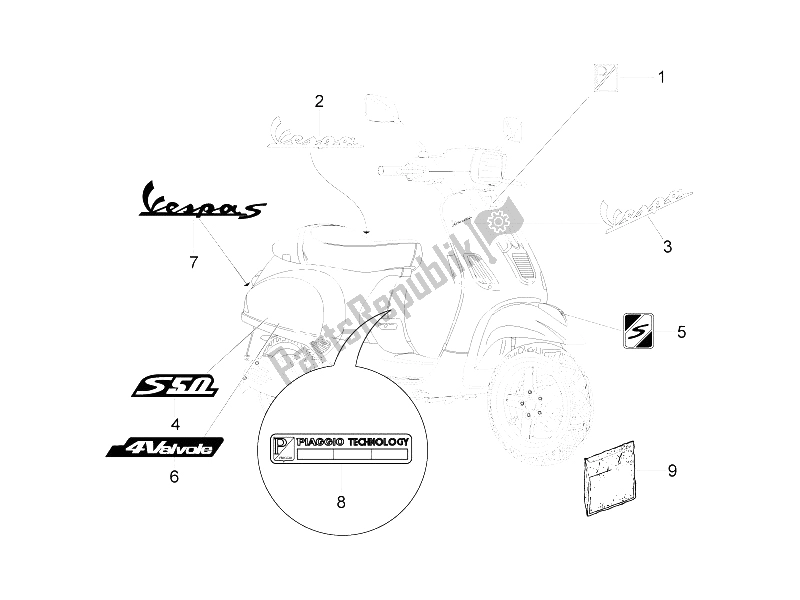 Toutes les pièces pour le Plaques - Emblèmes du Vespa S 50 4T 4V College 2008