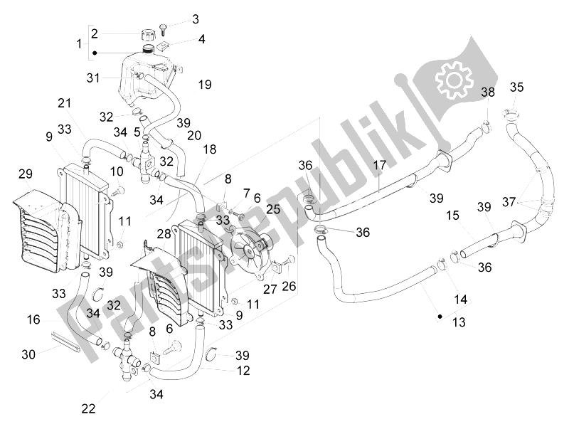 All parts for the Cooling System of the Vespa GTS 300 IE Touring 2011