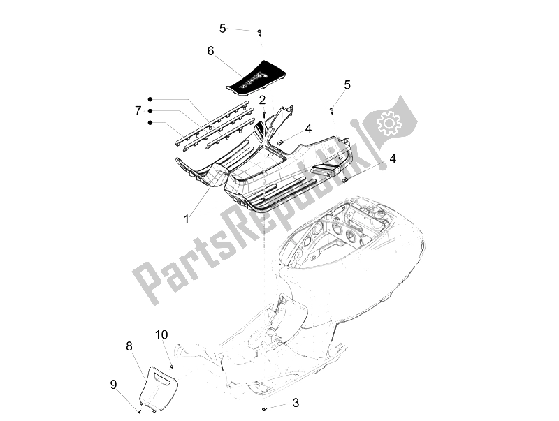 All parts for the Central Cover - Footrests of the Vespa LT 125 4T 3V IE E3 Vietnam 2014