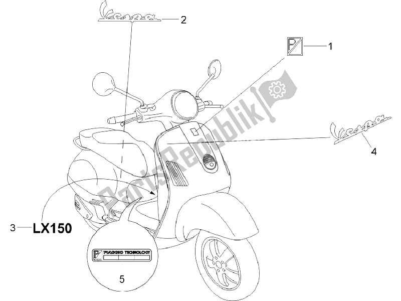 All parts for the Plates - Emblems of the Vespa LX 150 4T E3 Vietnam 2009