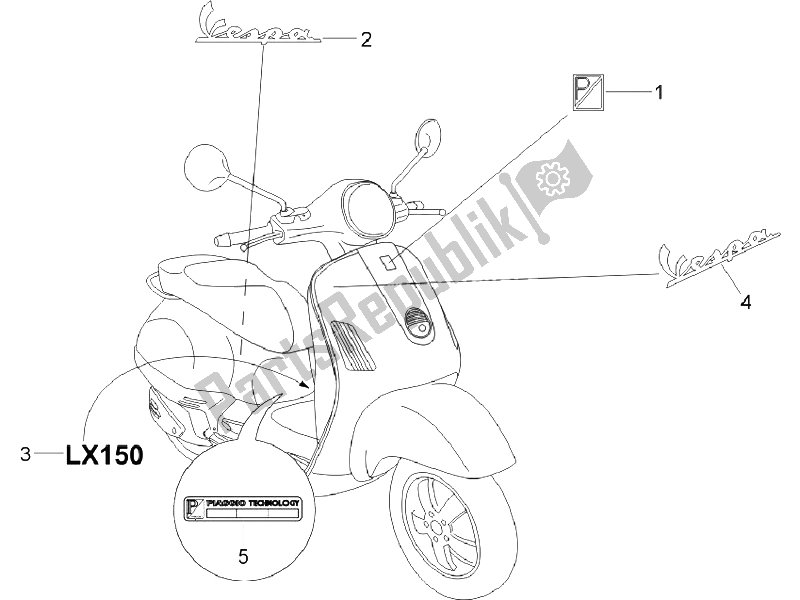 Toutes les pièces pour le Plaques - Emblèmes du Vespa LX 150 4T E3 Vietnam 2009