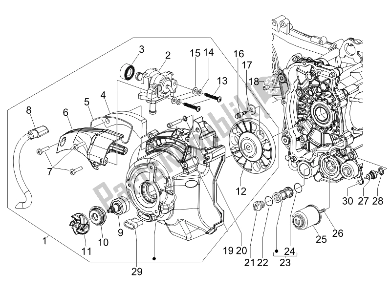 All parts for the Flywheel Magneto Cover - Oil Filter of the Vespa GTS 125 4T E3 2007