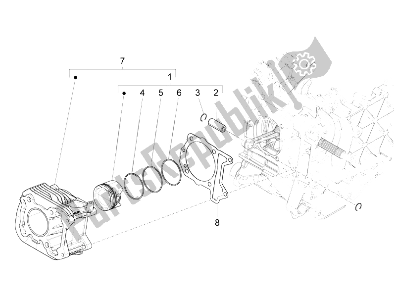 Alle onderdelen voor de Cilinder-zuiger-pols-peneenheid van de Vespa GTS Super 150 IE 4T 3V 2014