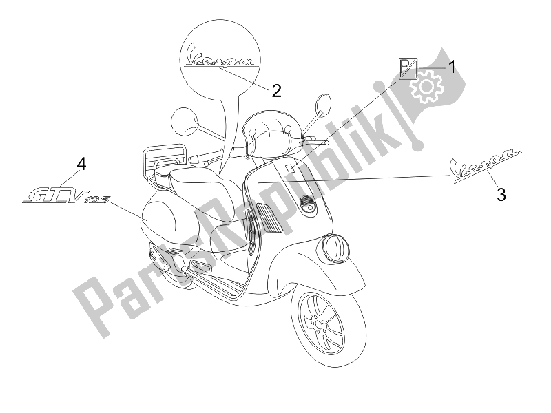 Tutte le parti per il Piatti - Emblemi del Vespa GTV 125 4T E3 2006