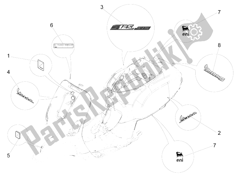 Tutte le parti per il Piatti - Emblemi del Vespa Vespa S 125 4T 3V E3 IE Asia 2012