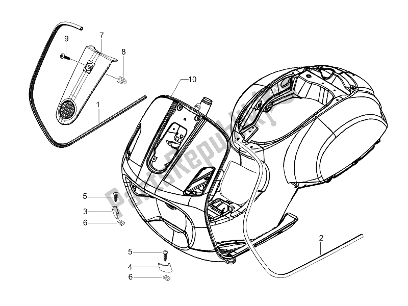 All parts for the Front Shield of the Vespa LX 150 4T USA 2006