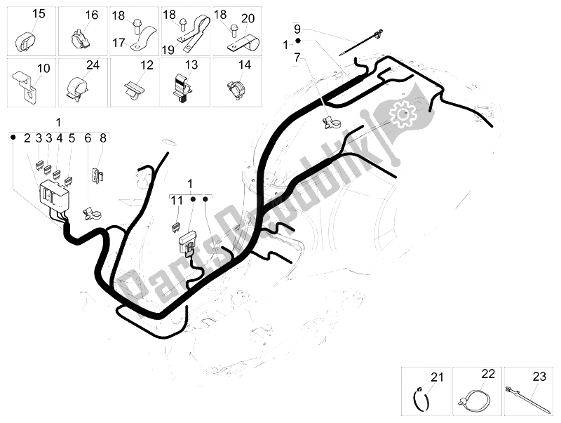 All parts for the Main Cable Harness of the Vespa 150 Sprint 4T 3V IE 2015