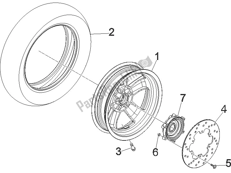 All parts for the Rear Wheel of the Vespa GTS 250 USA 2005