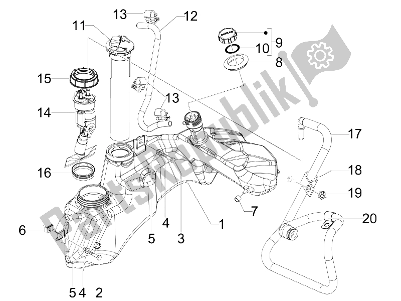 All parts for the Fuel Tank of the Vespa GTS 300 IE Touring 2011