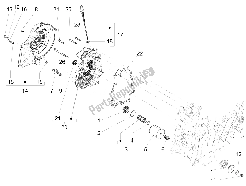 All parts for the Flywheel Magneto Cover - Oil Filter of the Vespa LT 150 4T 3V IE 2014