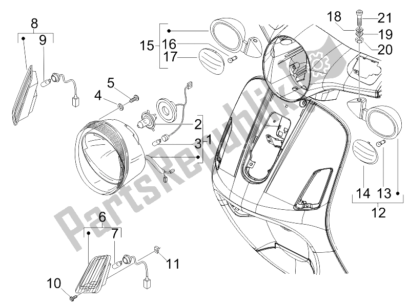 All parts for the Front Headlamps - Turn Signal Lamps of the Vespa LX 125 4T 2V IE E3 Taiwan 2011