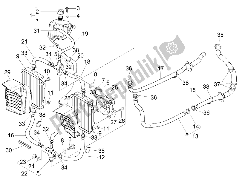 All parts for the Cooling System of the Vespa GTS 250 IE Super USA 2008