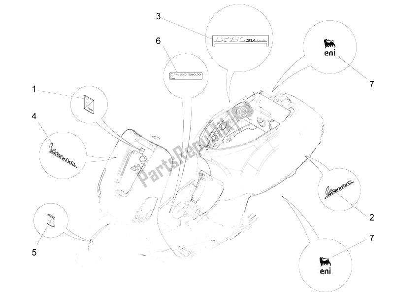 Tutte le parti per il Piatti - Emblemi del Vespa LX 150 4T 3V IE 2012