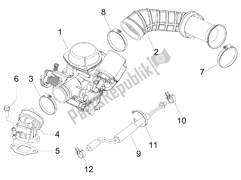 All parts for the Carburettor, Assembly - Union Pipe of the Vespa LXV 125 4T Navy E3 2007