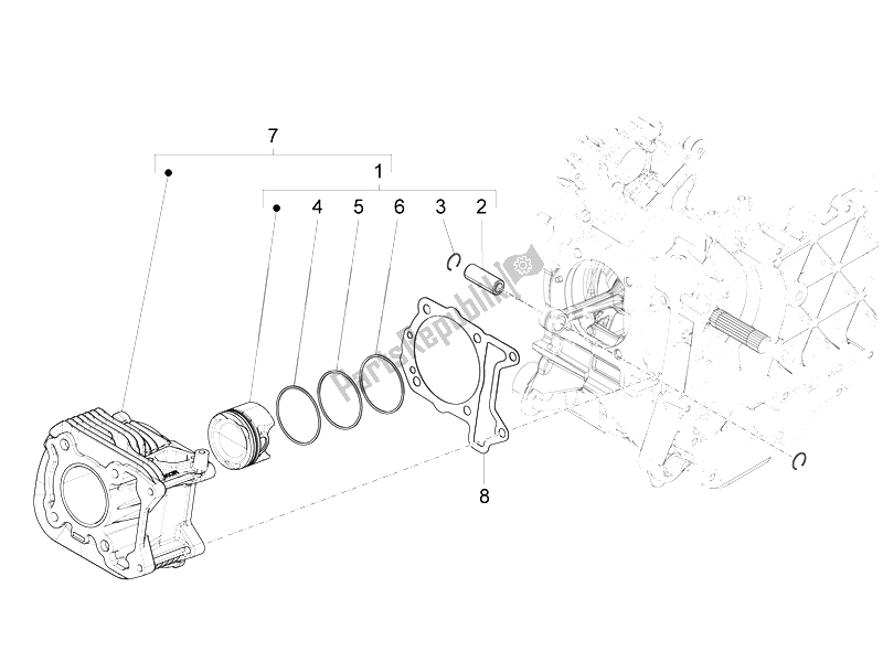 All parts for the Cylinder-piston-wrist Pin Unit of the Vespa Sprint 125 4T 3V IE Vietnam 2014