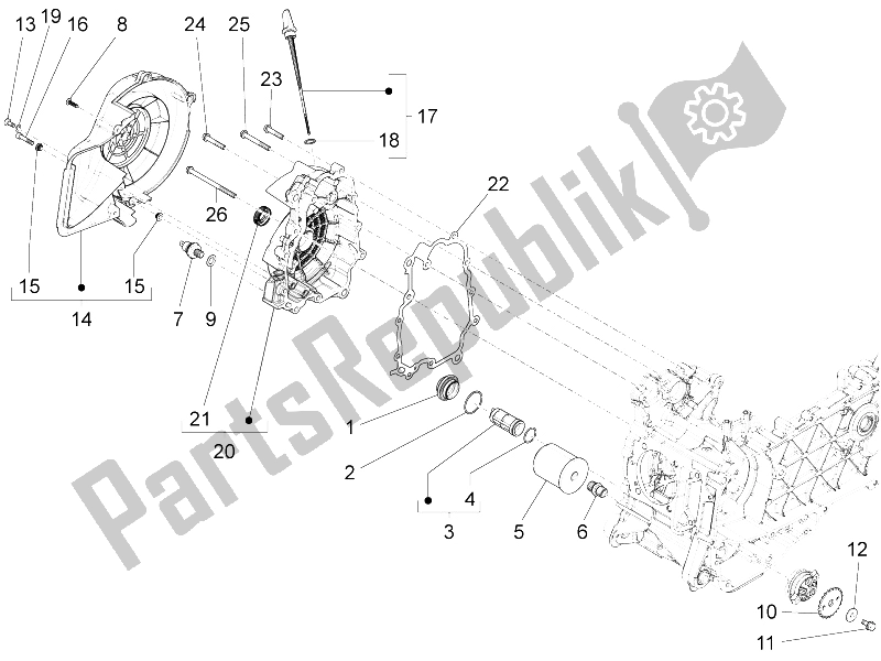 All parts for the Flywheel Magneto Cover - Oil Filter of the Vespa S 125 4T 3V E3 IE Vietnam 2012